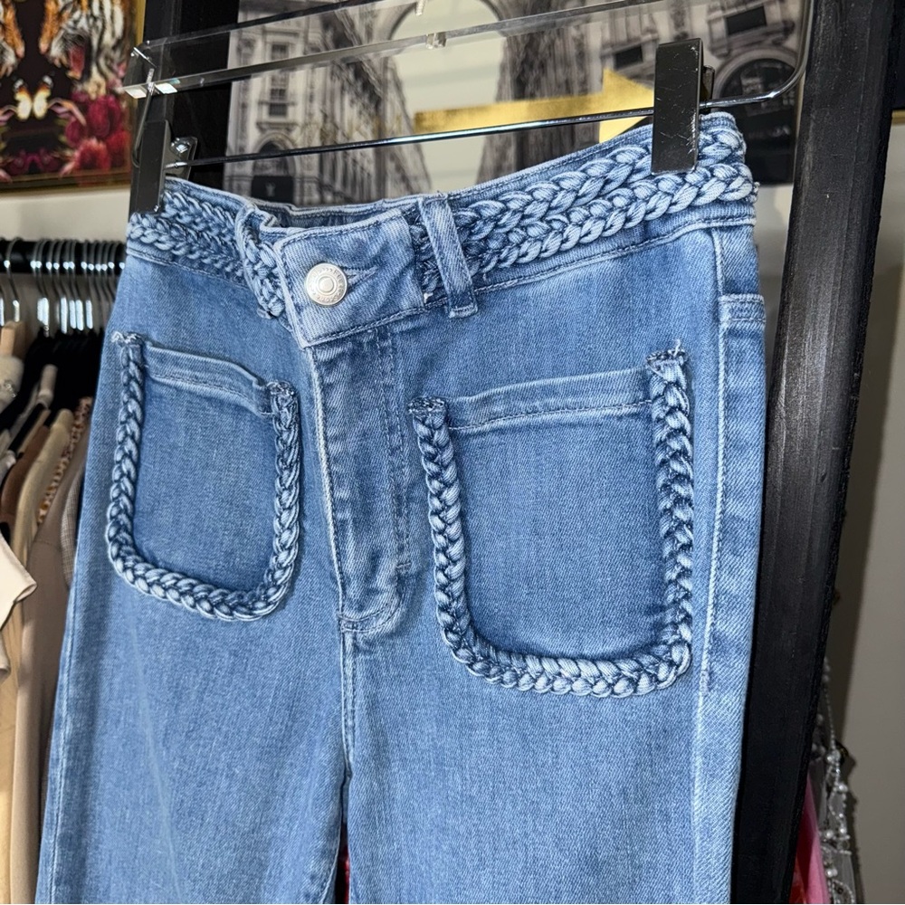 Maje Braided High Rise Bootcut Jeans Light Wash Denim Womens 36 4 EUC $325 - Picture 7 of 14